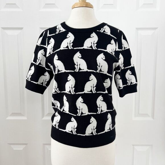 Maeve Sweaters - Maeve by Anthropologie Womens Black Harmon Jacquard Tee Cat Sweater Size Medium
